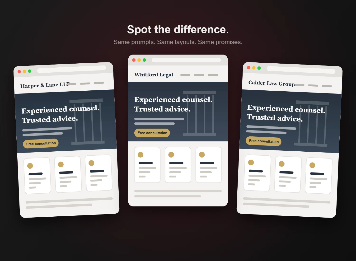 Three near-identical law firm homepages side by side