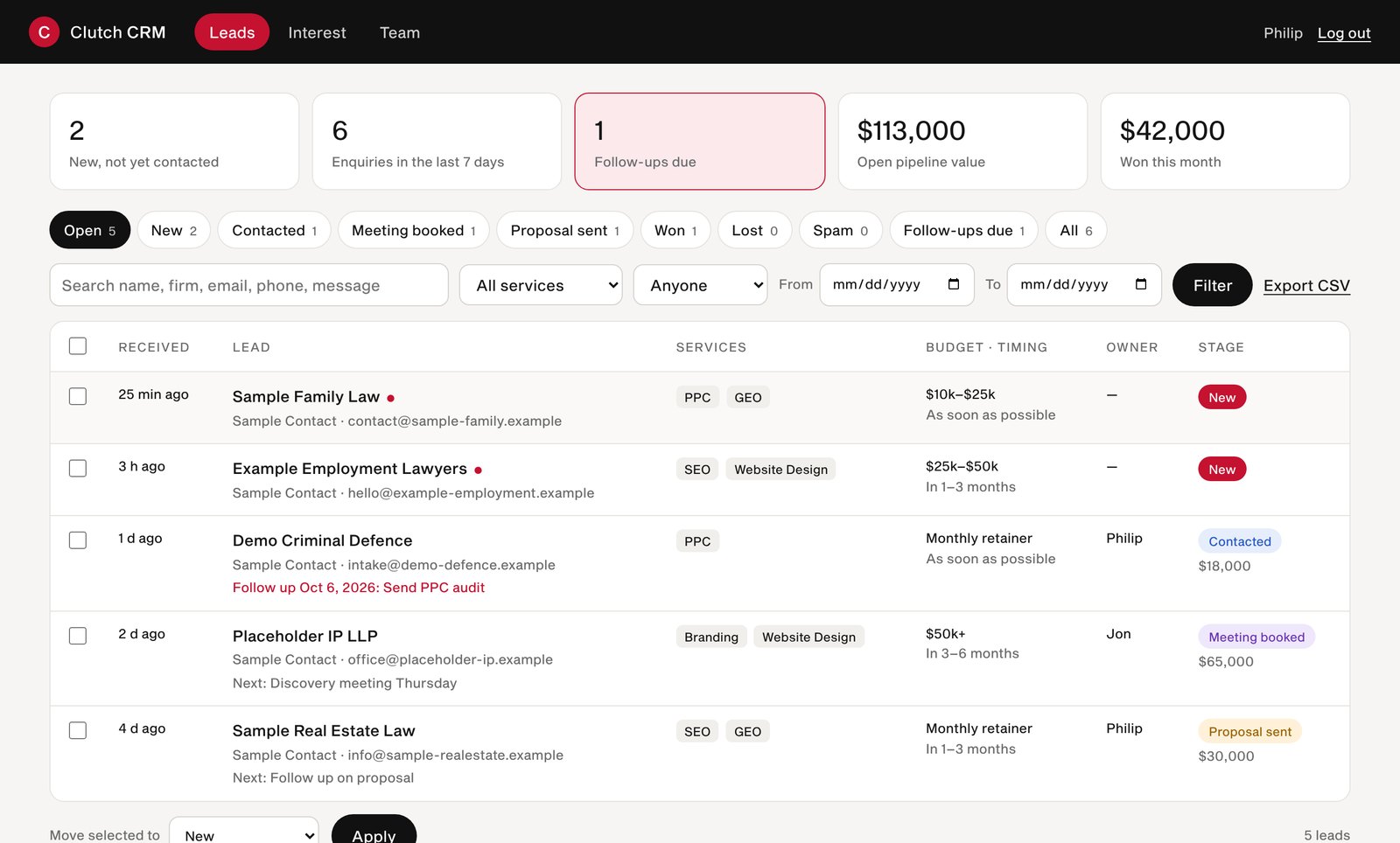 The Clutch CRM leads screen, showing new leads, follow-ups due, pipeline value and each lead’s services, budget, owner and stage