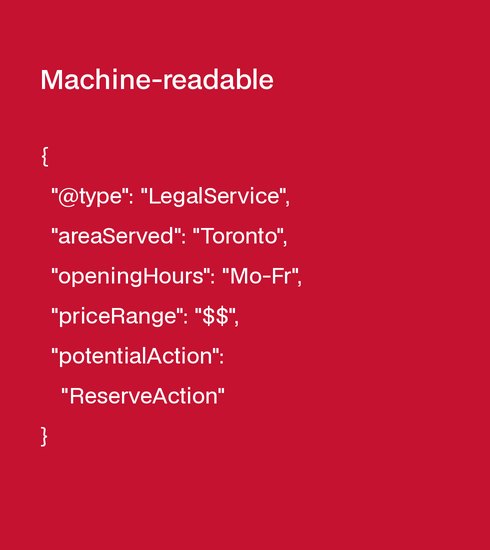 Example of structured data describing a legal service, its area served, hours and booking