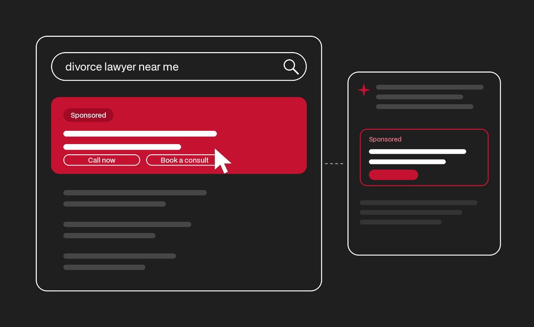 A sponsored search result and a sponsored suggestion in an AI chat