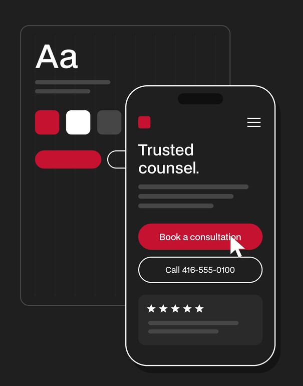A mobile law firm website with a Book a consultation button, built on a design system